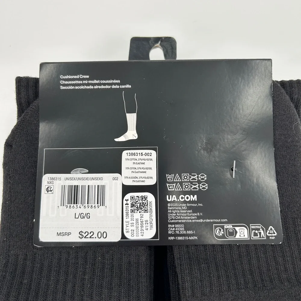 Under Armour Mens Training Cotton Cushioned Crew Socks 6-Pack Black Size Large
